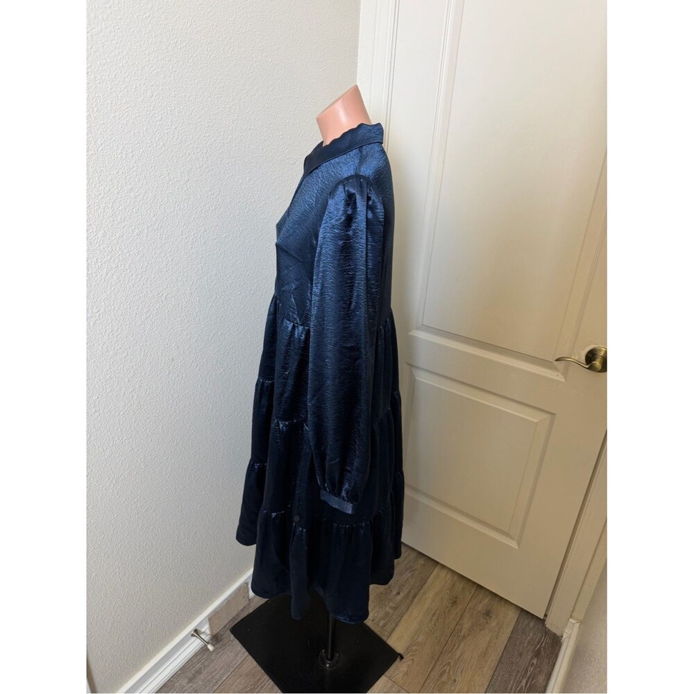 Scotch & Soda navy blue satin Long Sleeve Tiered dress Sz M - Picture 2 of 5